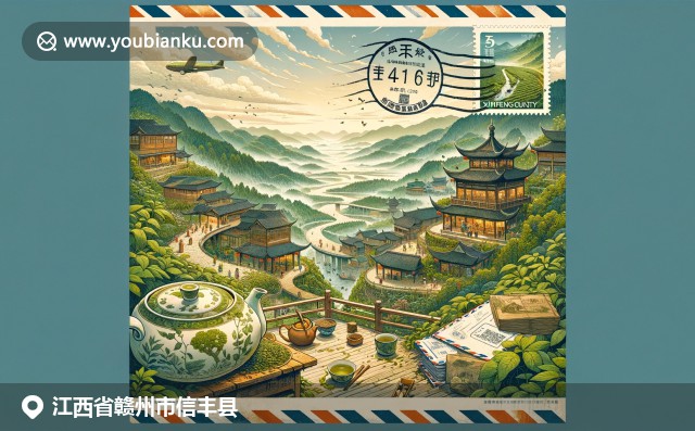 江西信丰县融合自然风光、梅关古道和茶文化，展现丰厚历史底蕴与新邮政主题