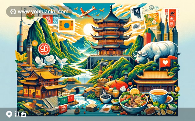 江西自然和文化的完美結合，展現廬山美景與景德鎮瓷器、贛南臍橙，融入中國郵政元素