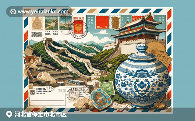 展現保定文化與中國郵政遺產的完美融合，復古航空信封描繪長城、定州瓷器和野三坡風景