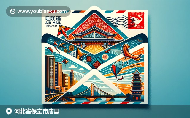 河北唐縣文化元素: 趙州橋、霍州煤墨、傳統風箏融入風格化郵政信封設計