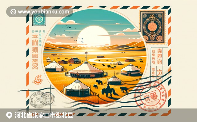 草原、音乐节和蒙古包，展现河北张北县独特风情。明信片中融合中国邮政元素，传达自然与文化之美