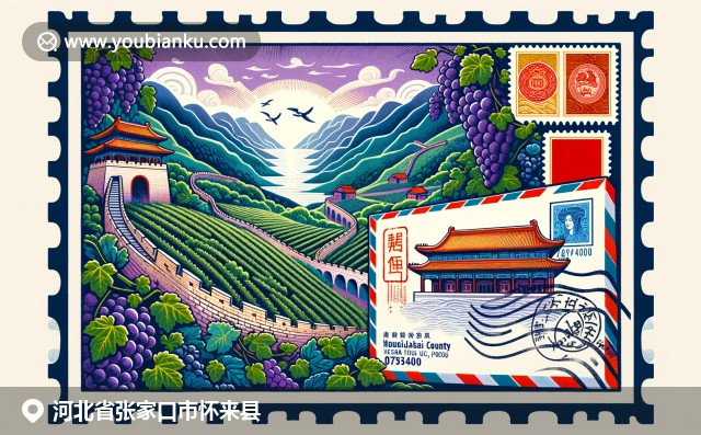 怀来县特色插图，展现蜿蜒长城、葡萄园和装饰邮政信封