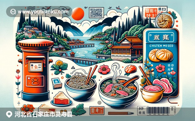 河北石家庄灵寿县地域特色展示：代表性建筑、食品及文化元素，搭配中国邮政邮票和邮戳