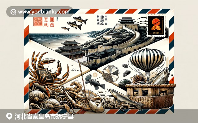 河北抚宁县寄托自然美景与文化遗产，现代航空邮件信封展现长城段落、海鲜美食和中国风筝