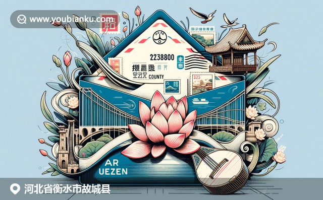 河北故城縣文化特色展示：安濟橋、盛開的蓮花與中國古箏在航空郵件信封中巧妙融合