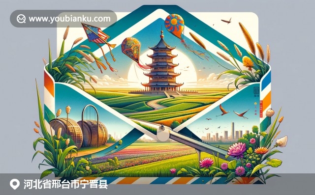 宁晋县文化特色展示：肥沃田野、高飞风筝和宁晋鼓楼的现代插图，融入邮政元素