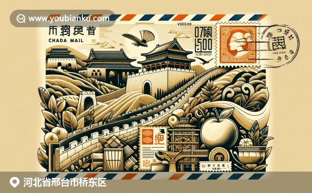 河北邢台桥东区文化特色插图：长城、剪纸、梨，复古航空邮件信封设计