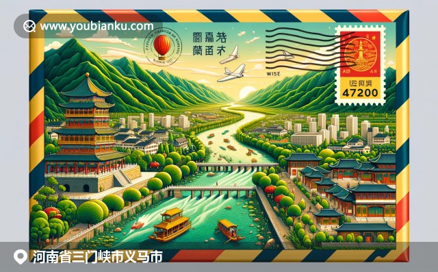 河南三门峡市义马市特色插图：黄河、山脉和徽派建筑在航空邮件信封中展现