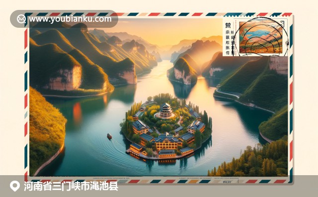 河南渑池县独特风貌，展示三门峡大坝、天鹅湖和黄河鲤鱼美食，融入明信片