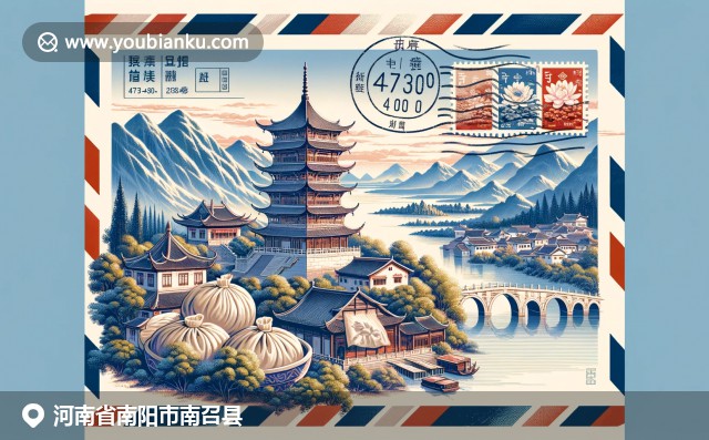 南召县邮政主题插图：中州塔、美食饺子、山水画与航空邮件信封