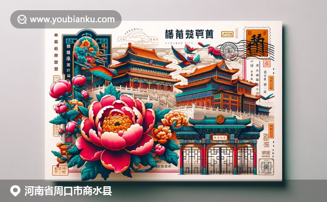 商水縣岳飛廟、洛陽牡丹和燒餅的文化風情，融入中國郵政元素的明信片設計