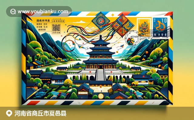 河南夏邑县的中岳庙、田园风光与中国风筝元素，融入复古航空邮件信封
