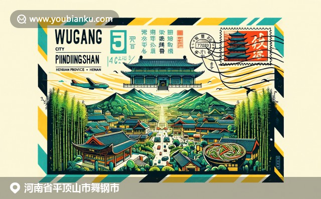 舞鋼市郵政編碼462500，融合了少林寺、竹林和河南麵條元素的文化描繪