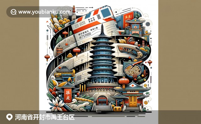 河南开封邮政主题插图，展示铁塔、开封小吃和千年城公园，与中国邮政元素融合