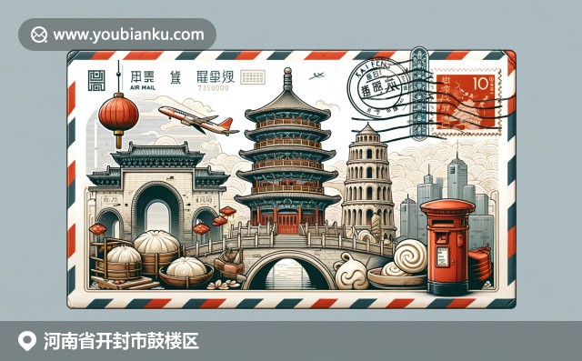 開封古城塔樓與小吃特色，結合中國郵政元素，在現代插畫風格中展現歷史文化