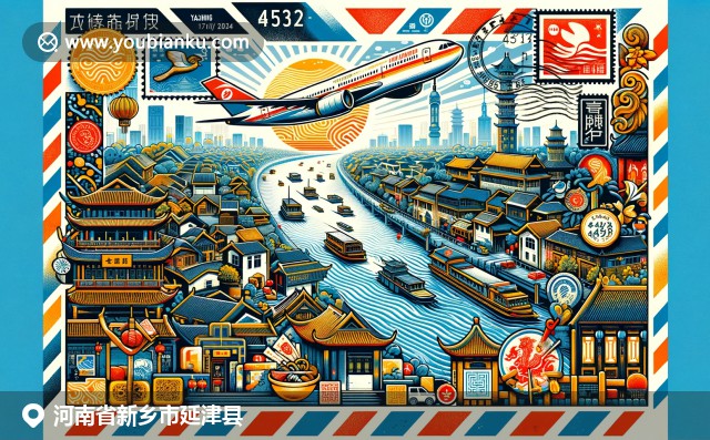 黄河风光与古建筑融入现代邮政元素，展现了延津县丰富文化底蕴与邮政传统