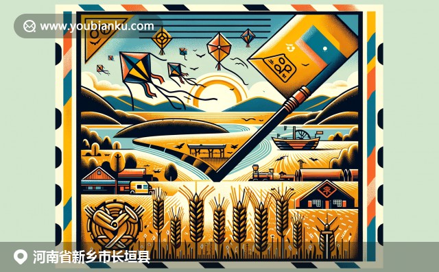 黄河、中国风筝和麦田，长垣县地理和文化融合的现代描绘