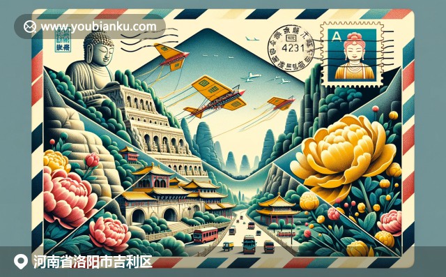 洛陽文化縮影：龍門石窟雕刻、牡丹花和傳統風箏在航空郵件信封中呈現