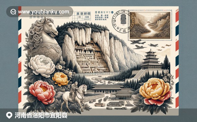 河南宜阳县文化元素融合：龙门石窟、白马寺和牡丹花在航空邮件信封中展现