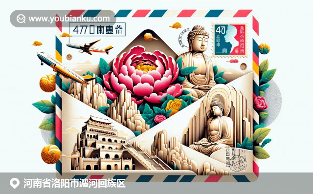 河南瀍河回族區的文化郵政融合，展示龍門石窟、牡丹花和傳統郵票郵戳