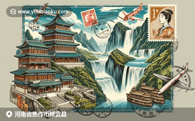 河南修武县自然美景与文化遗产交融，云台山壮丽景色与邮政主题航空邮件信封
