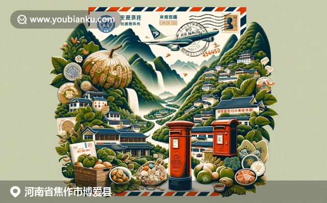 河南博爱县融合地理与文化，呈现特色风景和经典邮政元素