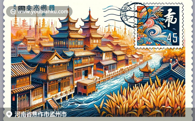 河南孟州黄河文化与传统建筑融合，展示农业与邮政元素