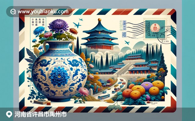 禹州融合传统文化与现代邮政主题，展现精美钧瓷花瓶、汉代墓葬建筑和斑斓菊花节场景