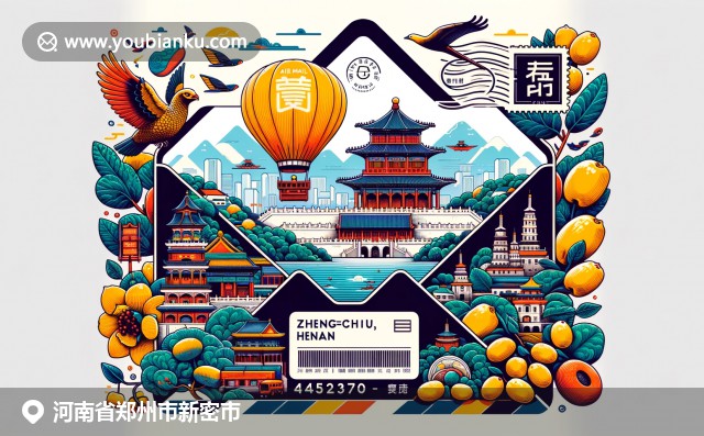 现代风格插图：新密市特色元素少林寺、黄河景观和枣果体现在风格化航空邮件中