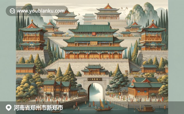 河南新鄭市地域特色描繪，結合黃帝故里景觀、新鄭山楂和中國郵政元素