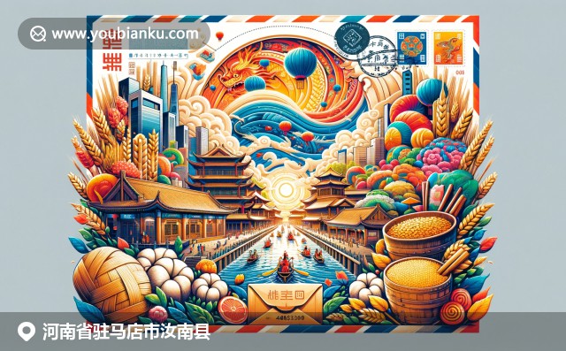 河南汝南县特色元素融合：鹿邑古城、小麦棉花与龙舟节，现代航空邮件信封展示