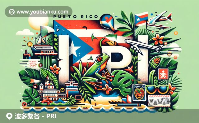 巧妙融合波多黎各地域特色与邮政元素，展现旗帜、古城轮廓、科琪青蛙和海滩风景