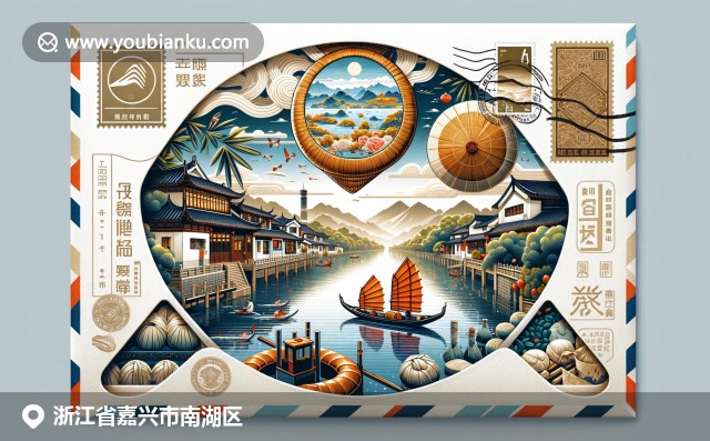 浙江嘉興南湖風光與傳統文化的融合，呈現竹籃、粽子和郵政元素