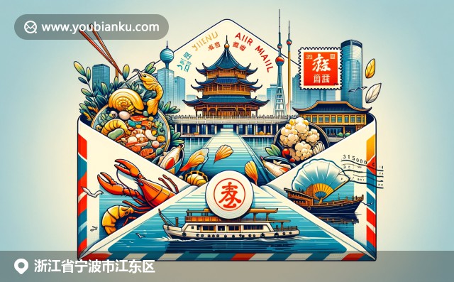 江東區文化遺產與美食傳統的展現，融入風格化航空郵件信封，突顯地區主要港口城市的特色