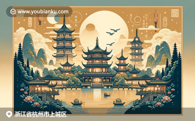 浙江风光与传统文化相结合，展示西湖、雷峰塔与龙井茶，融入中国邮政元素