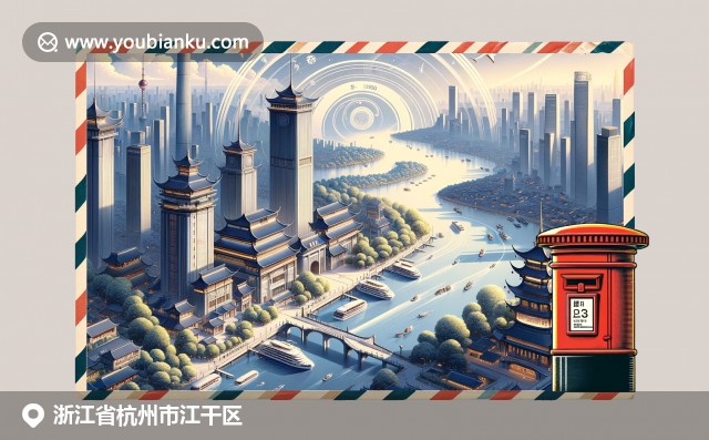 現代航空郵件信封融入傳統文化元素，展現杭州西湖景色、絲綢圖案和龍井茶葉