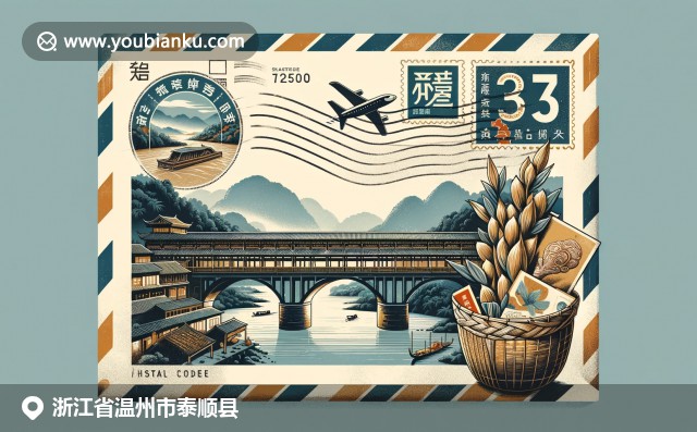 浙江泰顺县地域特色的现代描绘，复古航空邮件信封中展现文兴桥、雁荡山、山水画等元素