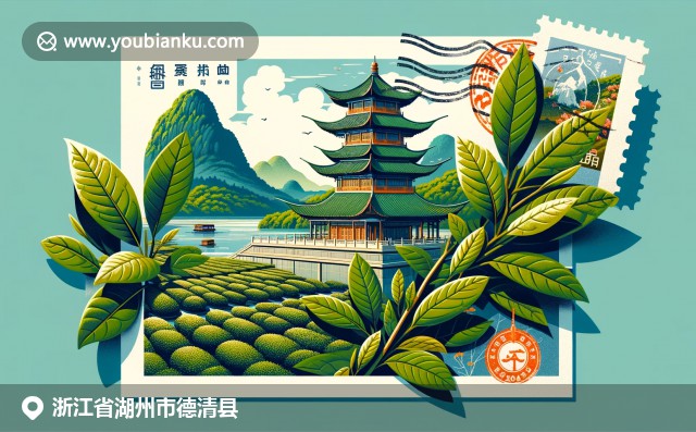 浙江莫干山自然风光与茶园文化的结合，展现传统宝塔和复古风邮票