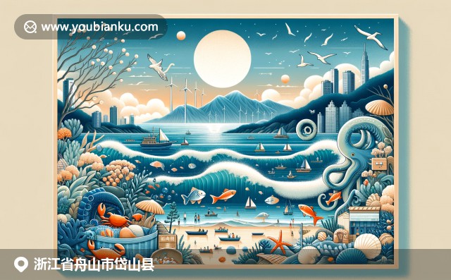 具有中国风格的明信片，展示岱山县海岸线美景和丰富的海鲜资源，融入316200邮政编码