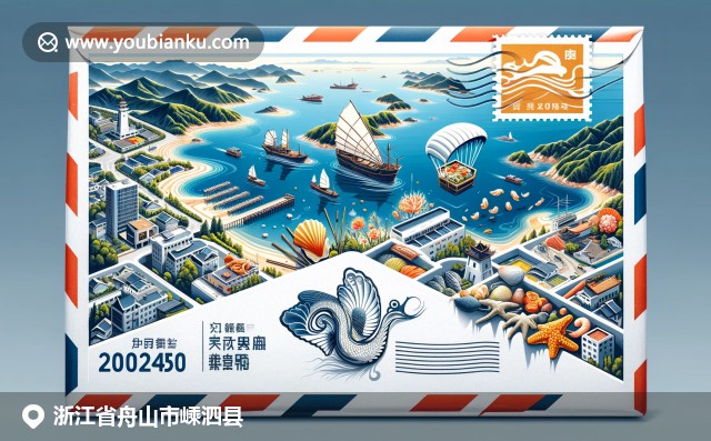 嵊泗县邮政编码设计，展现群岛美景、海鲜和渔船文化，结合现代插画风格