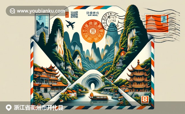 开化县自然与文化的完美融合，展示古田山脉、龙游石窟和龙顶茶，航空邮件元素点缀