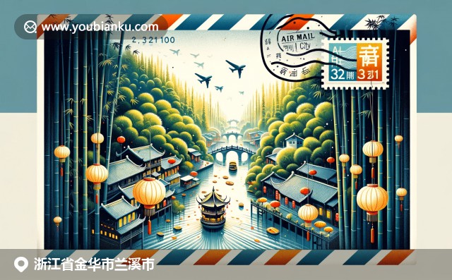 浙江兰溪自然景观与传统文化完美融合，展示竹林、运河和中国灯笼，伴随邮政元素