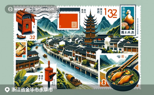 展现浙江永康独特风貌，结合五金城建筑、茶园美景与邮政元素