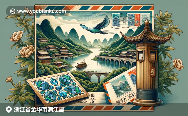浙江風景與郵政主題相結合，展示浦江縣水晶工業與傳統文化，現代插畫色彩豐富