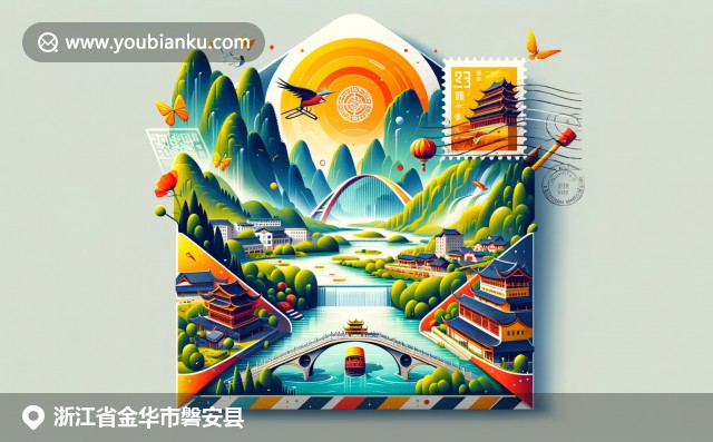 磐安县丰富的文化和自然景观，华溪桥、九龙瀑布和金华火腿在色彩丰富的邮政信封内展现