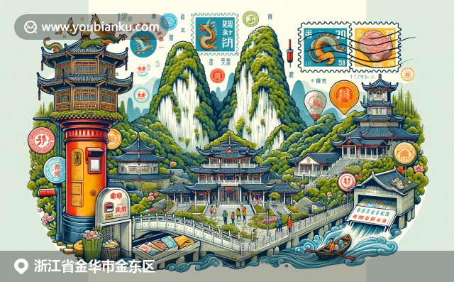金东区地理文化特色插画：金华火腿、双龙洞风景和义乌商贸城，中国风邮政元素