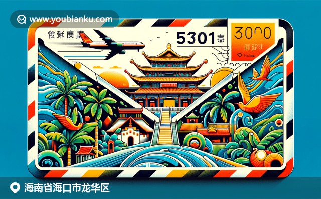 海口龙华区文化与大自然的奇妙结合，五公祠、椰子树与海南鸡饭在航空邮件信封中呈现