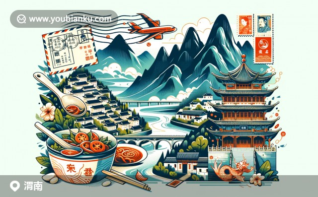 現代創意插圖，展現陝西渭南特色與郵政主題融合：華山、党家村與八寶辣子