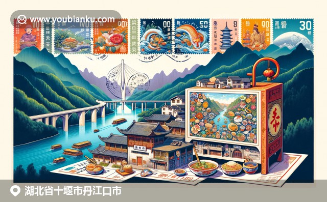 湖北丹江口大坝与武当山的壮丽景观，邮政元素融入现代插画风格