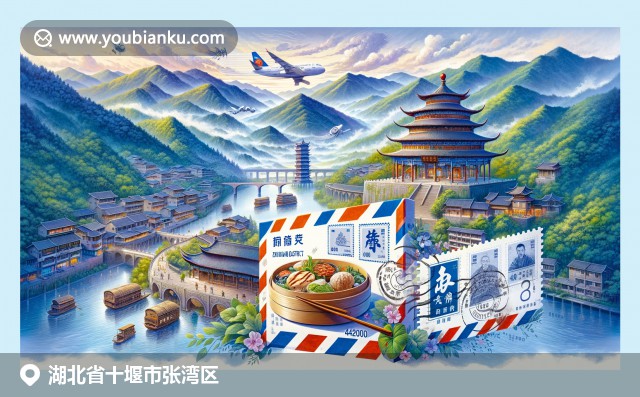 湖北张湾区风情画卷，融入邮政元素，展现武当山自然风光、面羊三蒸美食和龙冢历史